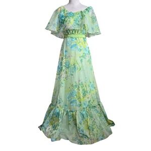 Vintage 60s 70s‎ Small Green Floral Youthquake Plaid Maxi Flutter Spring Dress
